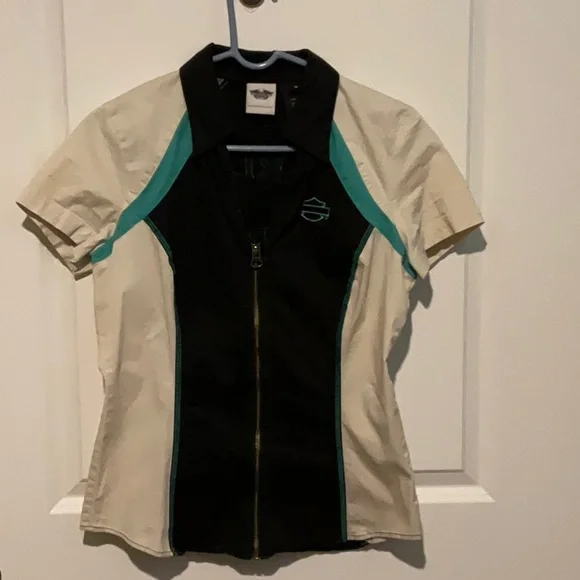 Harley-Davidson | Tops | Black And Cream Short Sleeve Zipup